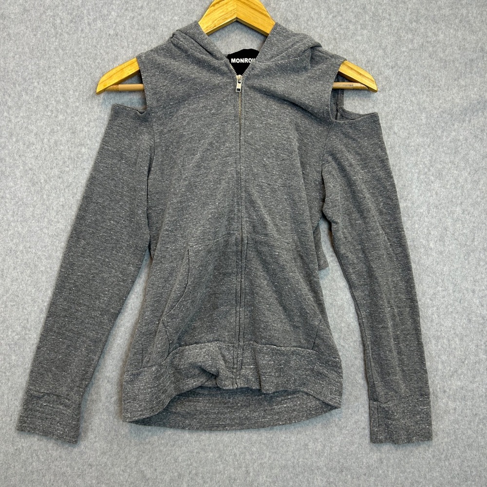 Monrow Hoodie Sweater Gray Cold Shoulder Cutout Back Full Zip Womens‎ Size XS
